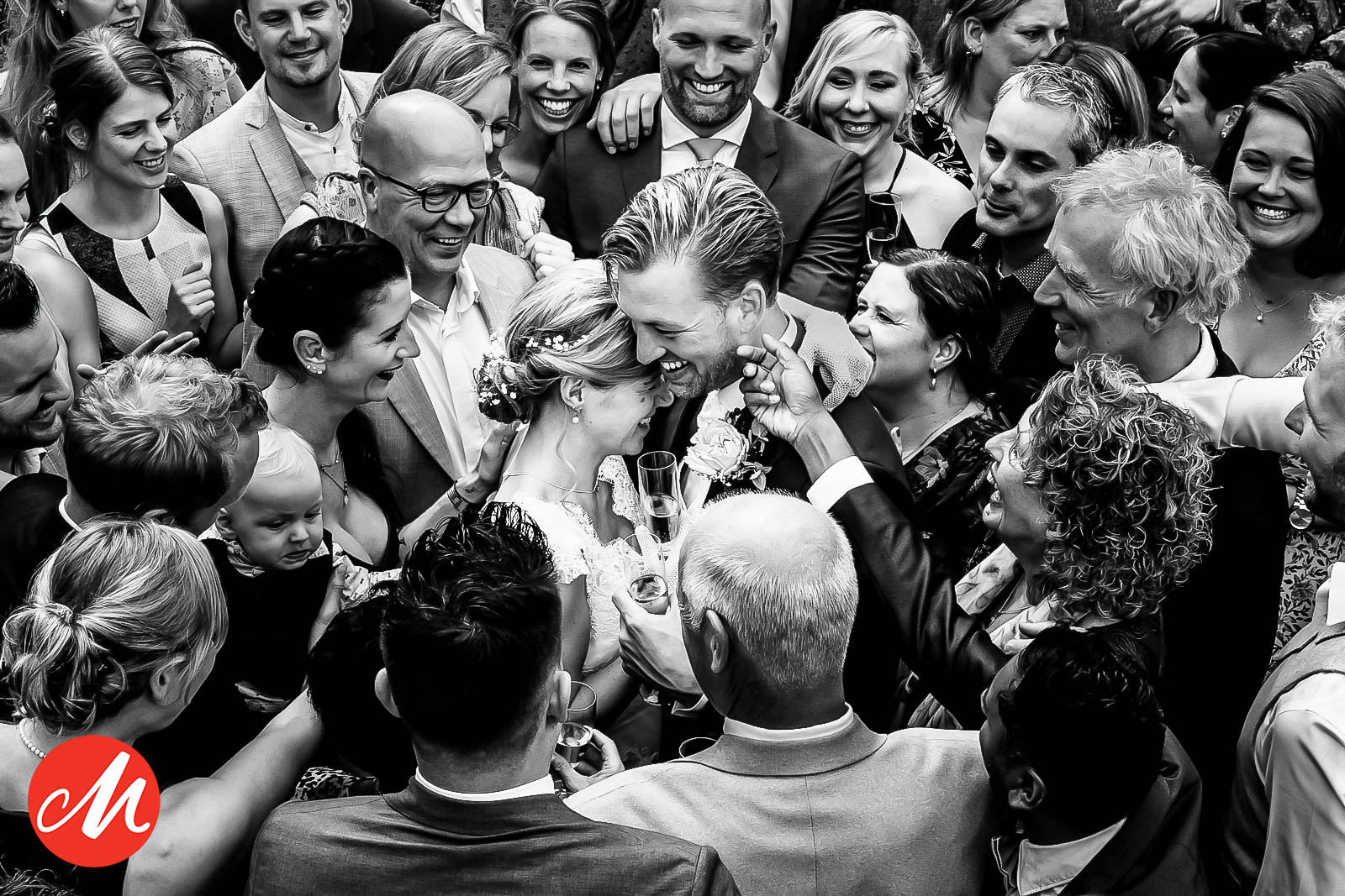 Bruidspaar en gasten op een groepsfoto in hun eigen achtertuin in Hilvarenbeek, bekroond met een Master of Wedding Photography award.